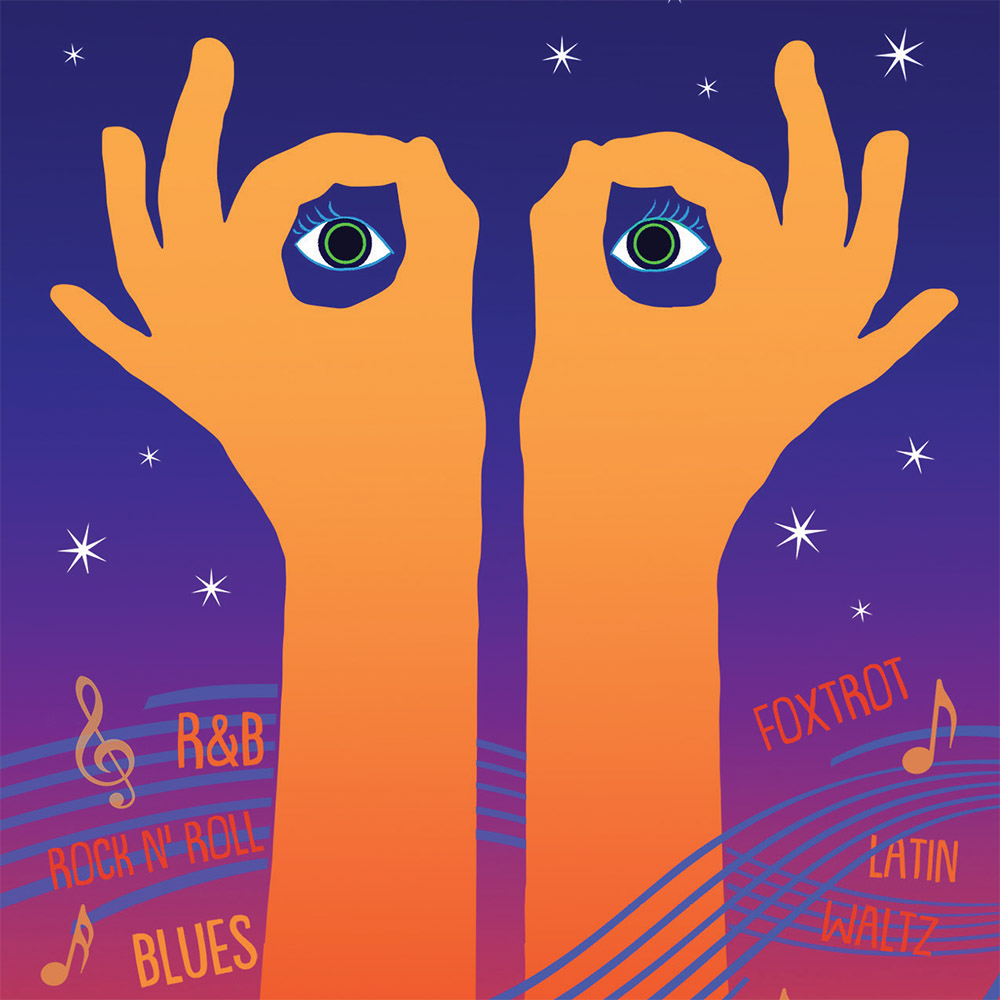 A graphic of two hands with eyes peering between the fingers. Several genres of music are listed at the bottom