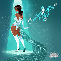 A graphic of a woman wearing a glamorous outfit featuring a train made of the musical staff. The words Rhythm & Rhyme are in the corner